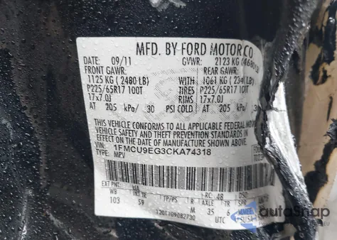 2012 Ford Escape Limited z USA, uszkodzony, nr VIN 1FMCU9EG3CKA74318